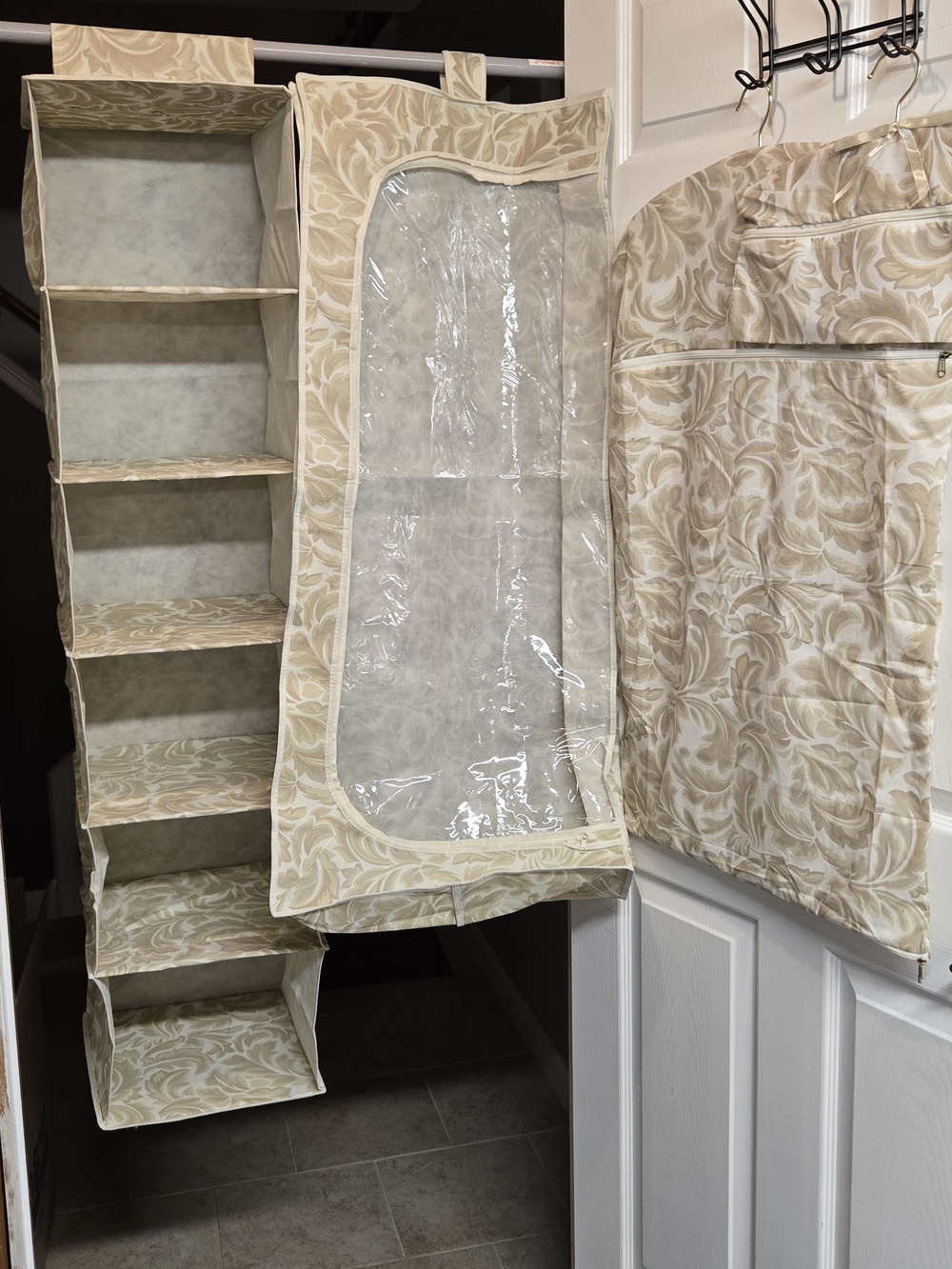 Beige Floral Hanging Closet 4pc  Organizer with Garment Bag